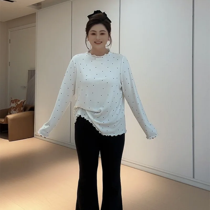 

Women's Polka-dot Sweet Long-sleeved T-shirt Women's Fungus-edged Autumn Winter Warm Base Versatile Top