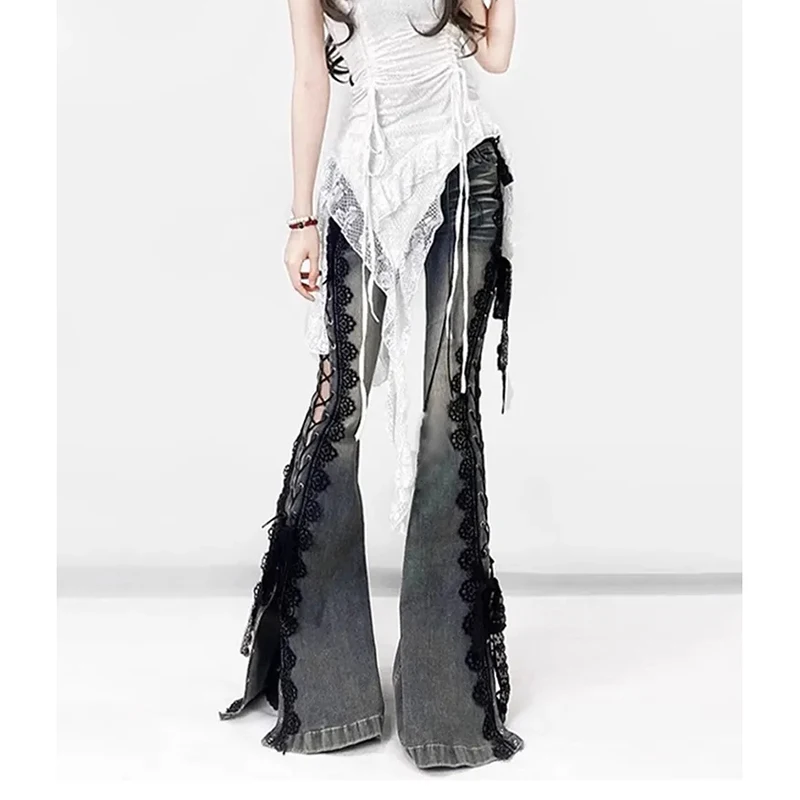 

Vintage American Subculture Jeans Women Lace Patchwork Side Slit Denim Pants Sexy Tie Up Slim Micro Flare Streetwear Trousers