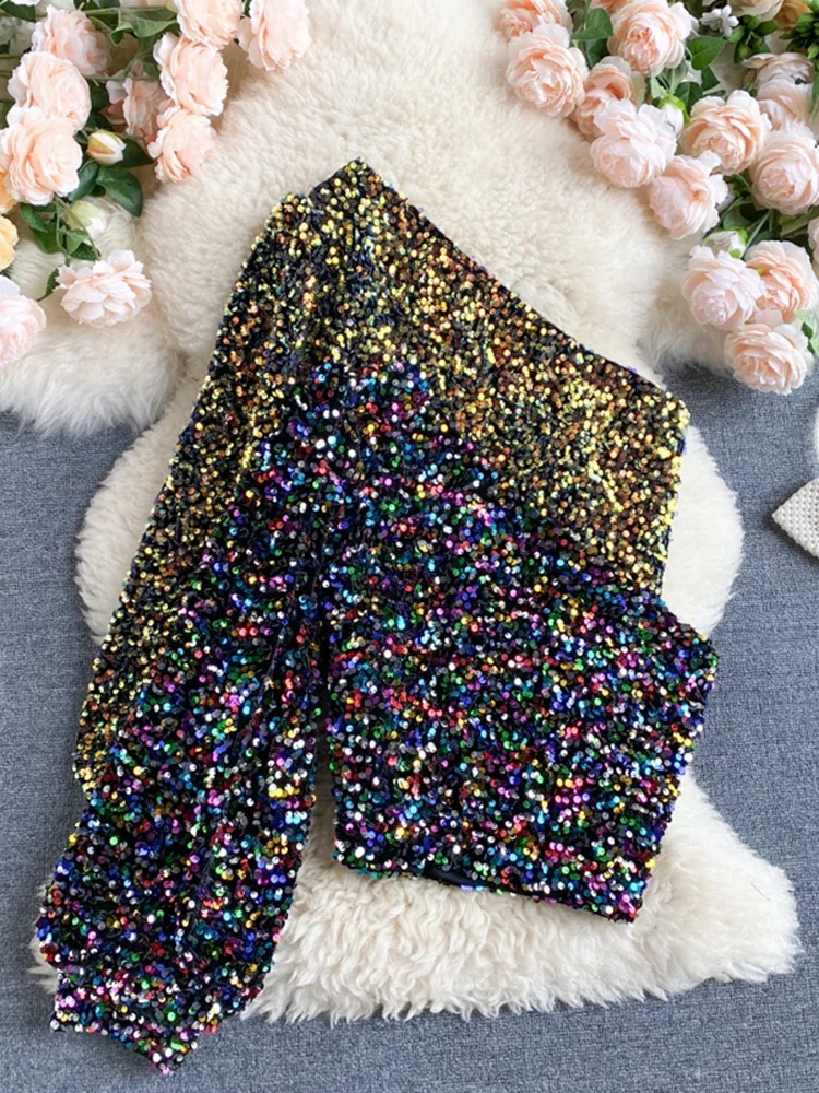 Fall 2024 New Product Oblique Collar T-shirt Strapless Unilateral Puff Sleeve Slim Fit Short Sequined Top HK102