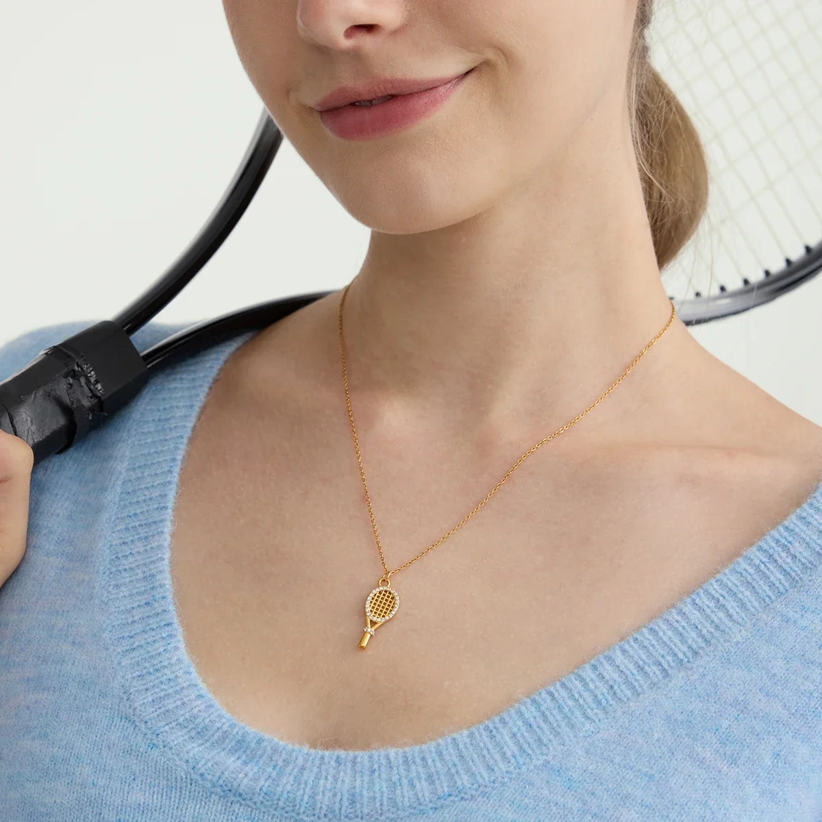 Zora Classic Trendy White Zircon Tennis Racket Pendant Necklace 18K Gold Color Plated Stainless Steel Women's Jewelry Party Gift