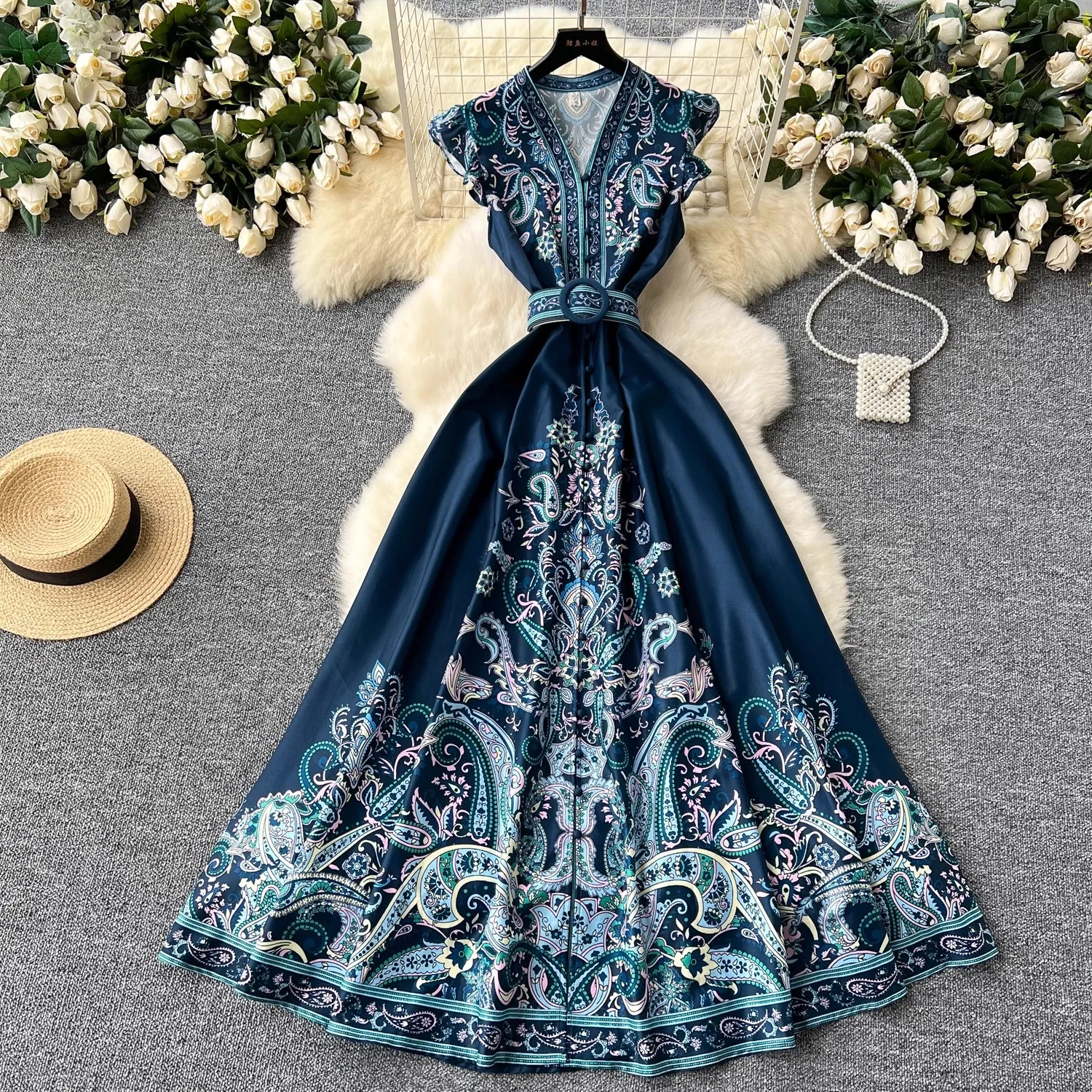 2024 Summer Women Clothing Runway Fashion Paisley Print Flying Sleeve V-Neck Single Breasted Belted Vintage Party Long Vestidos