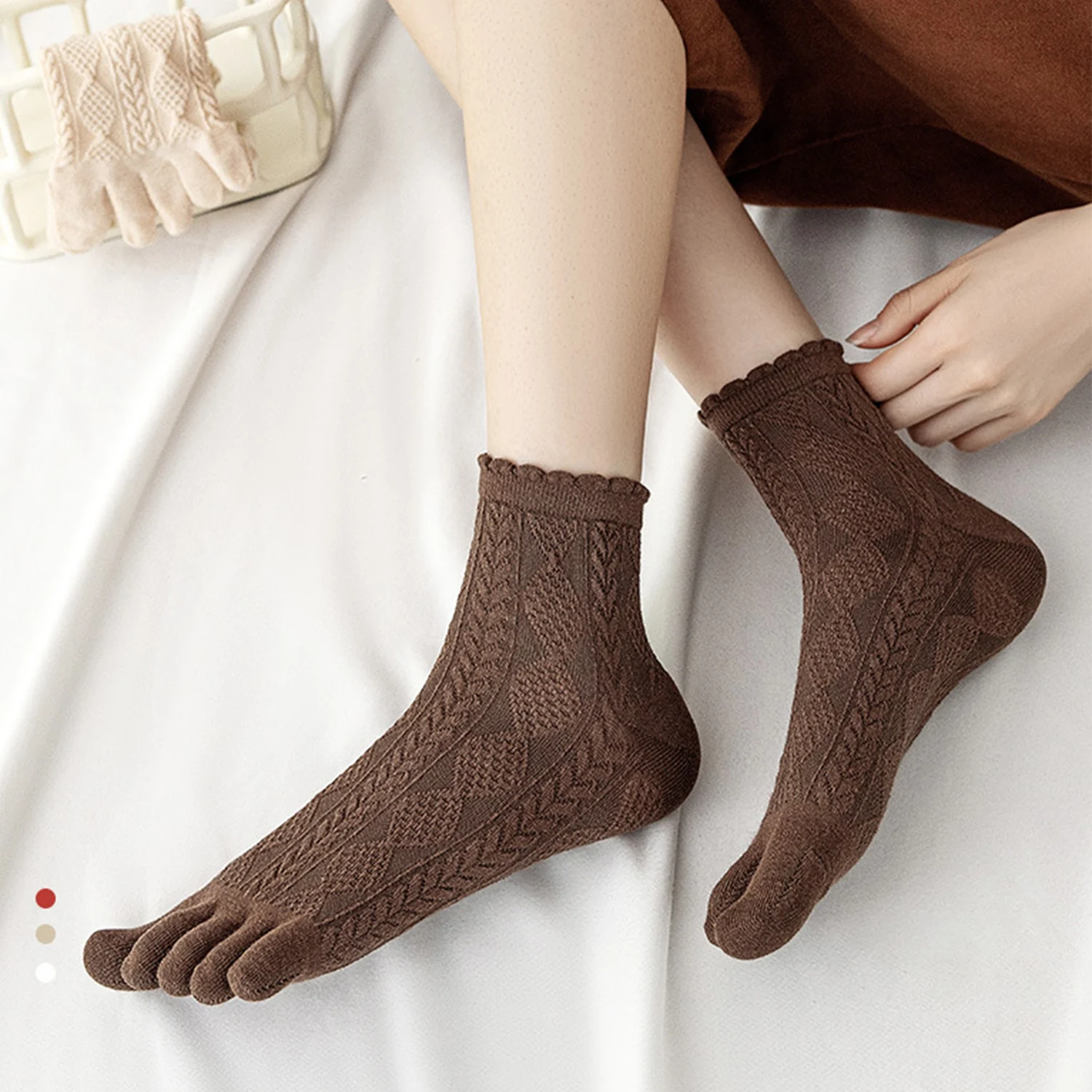 

1 Pair Decorative Pattern Five Finger Socks 6 Colors Casual Toe Socks Autumn Winter Lace Solid Color Low Tube Socks For Women