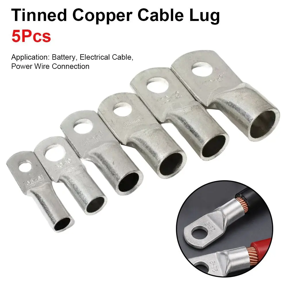 5Pcs JG Series Tinned Copper Cable Lug 14-2AWG 6/10/16/25mm2 Battery Cable Terminal Tinned Copper M6/M8/M10/M12