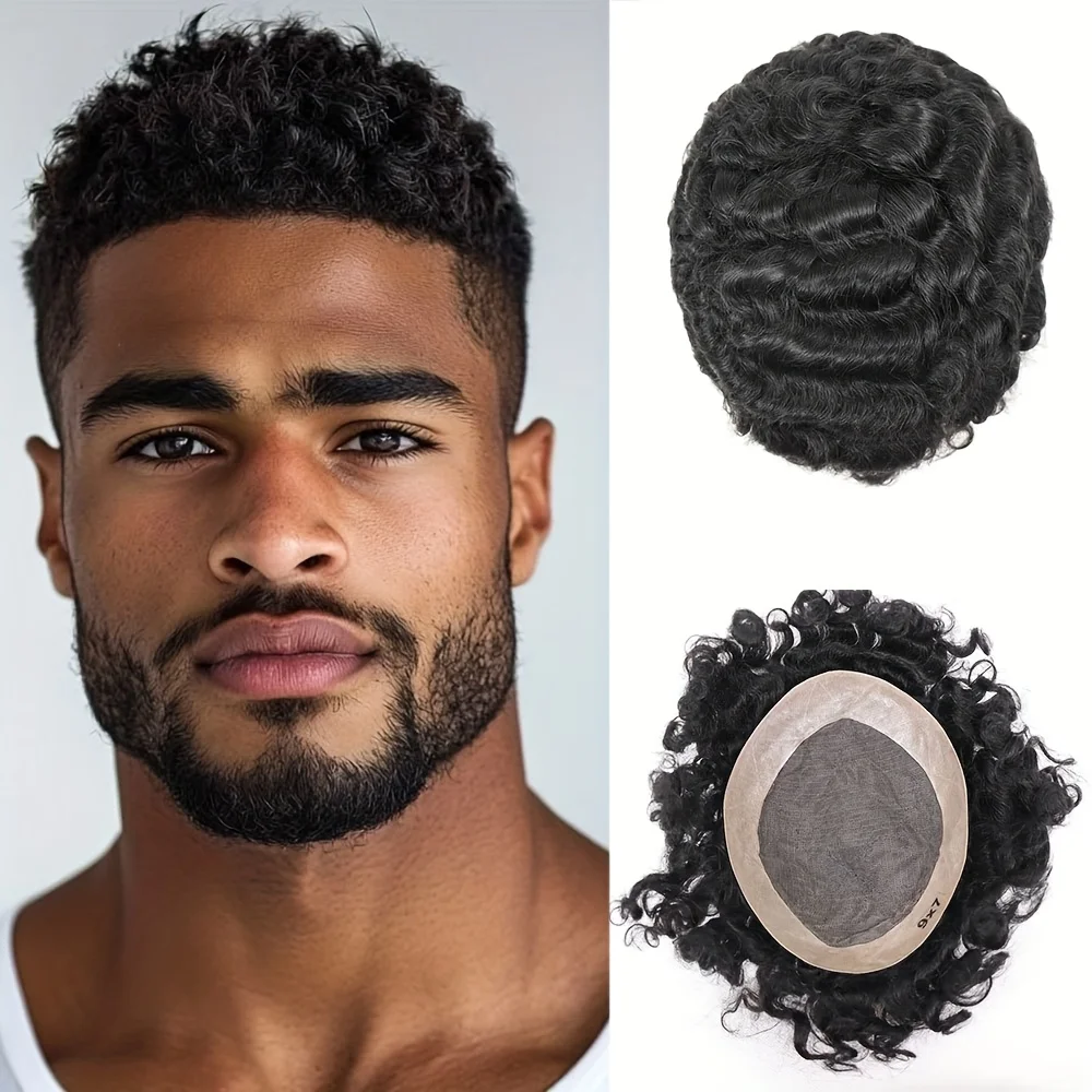 

6x8/6x9/7x9/7x10 афро вьющиеся дышащие тонкие моно с париком Npu для мужчин # 1B Мужской парик Человеческие волосы Мужские системы замены Парик