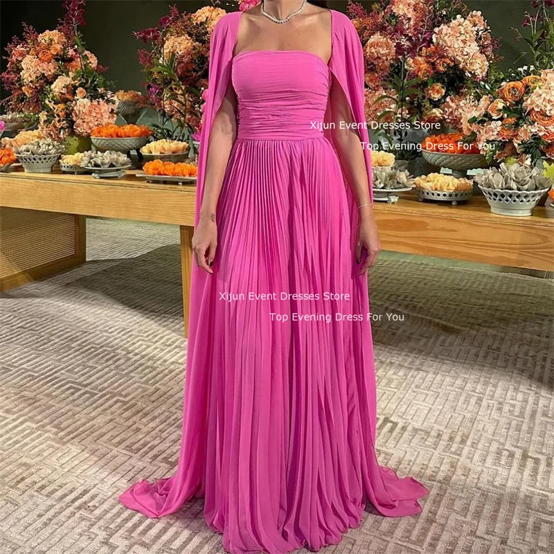 Xijun Hot Pink Chiffon Long Evening Dresses Cape Sleeves A-Line Prom Dresses Floor Length Formal Pleat Ruched Prom Gowns Elegant