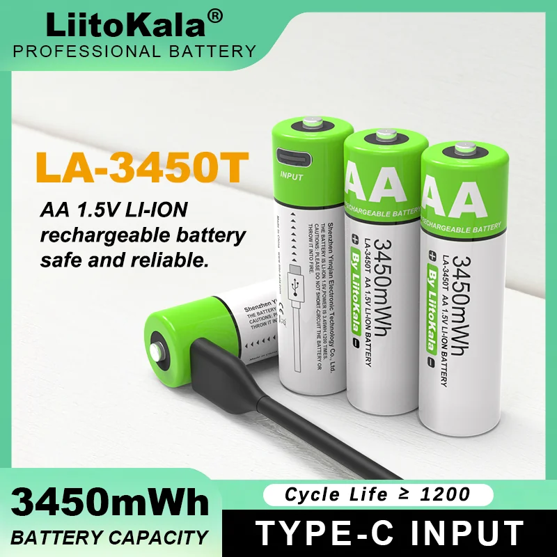 LiitoKala-بطارية ليثيوم كبيرة السعة قابلة لإعادة الشحن ، AA ، Type-C ، USB ، شحن سريع للماوس ، لعبة ، 3450mWh