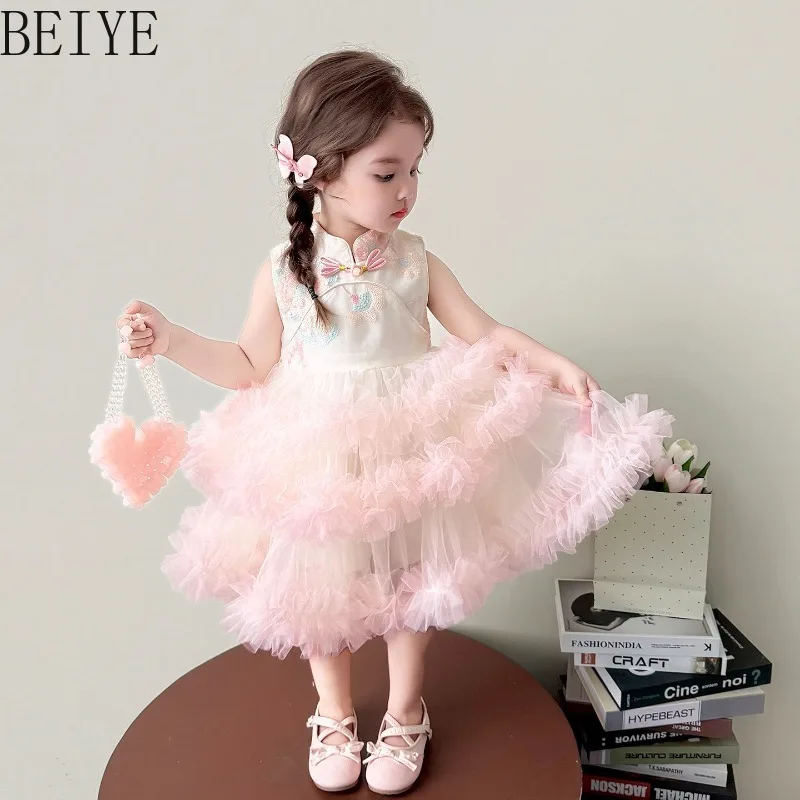 New Design Chinese Princess Girls' Dress Summer Sleeveless Pink Mesh Cake Dress Children National Style Super Fairy Dress