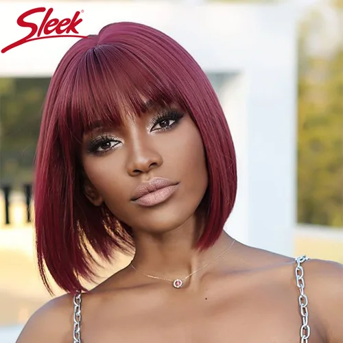 Imagen 2 del producto Pelucas de cabello brasileño Remy liso Bob elegante de 10 pulgadas con flequillo pelucas de cabello humano rojo 99J para mujeres 100% peluca Natural lista para usar