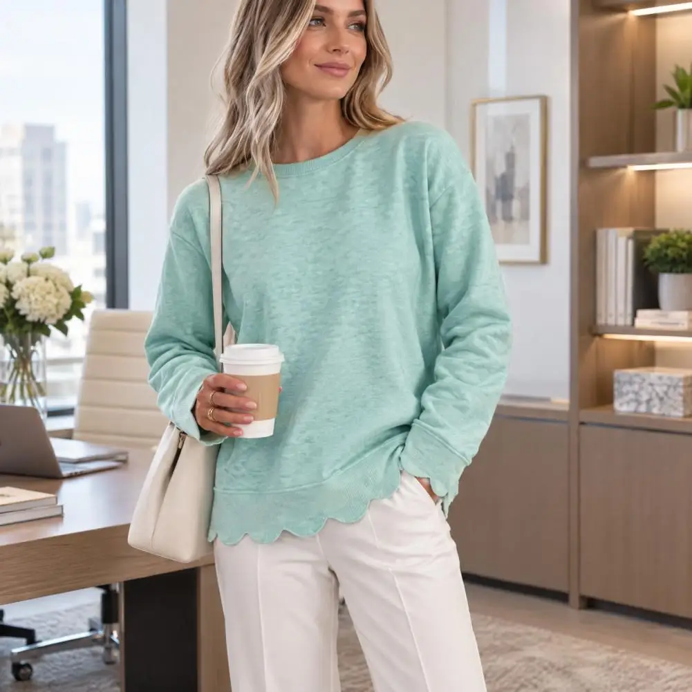 Long Sleeve Pullover Top Breathable Pullover Top Women’s Crewneck Sweatshirt with Scalloped Hem Solid Color Long for Spring