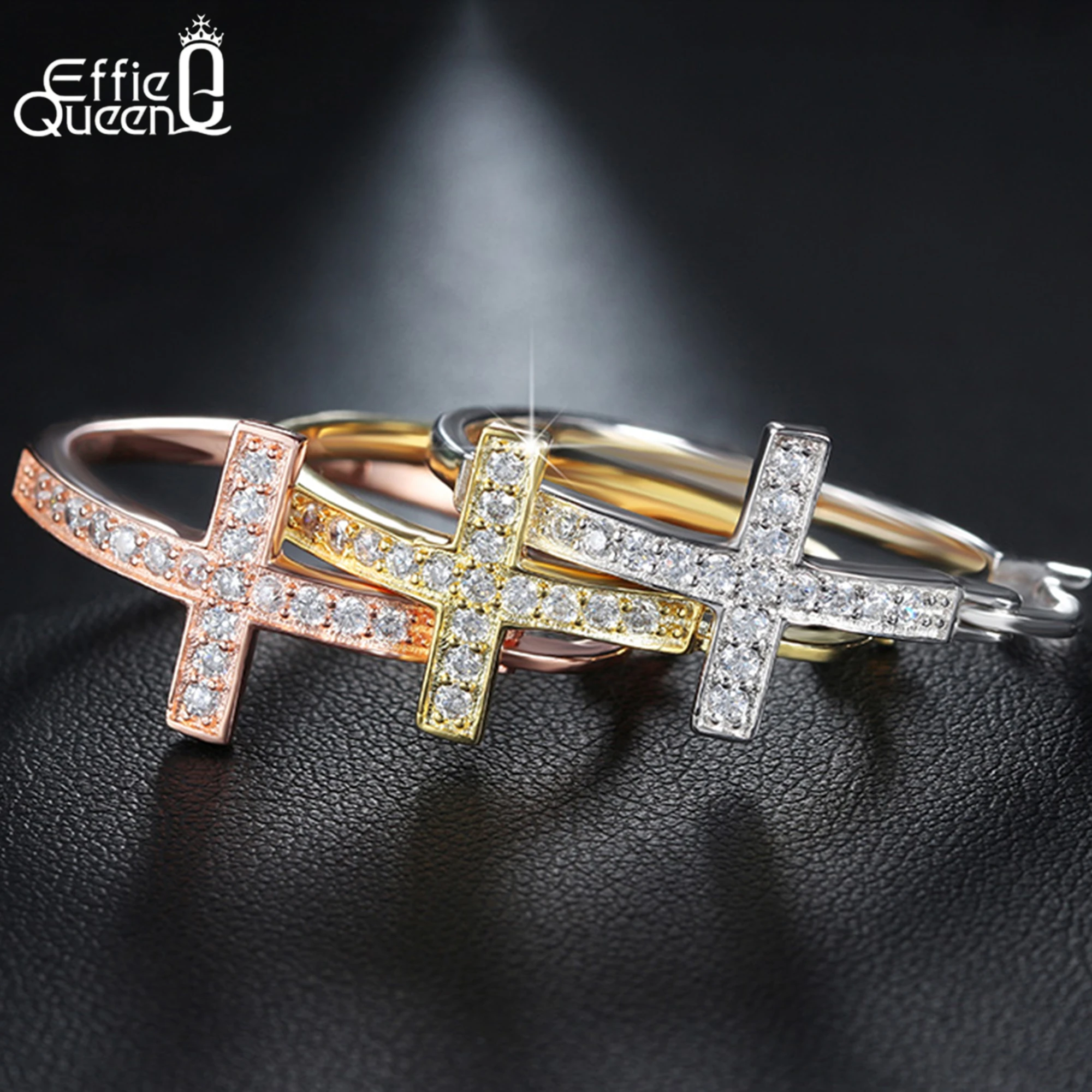 Effie Queen Hot Sale Big Hoop Earrings with Zirconia Diamonds Classic Cross Style Clip Design Women\'s Earring Jewelry Gift OE142