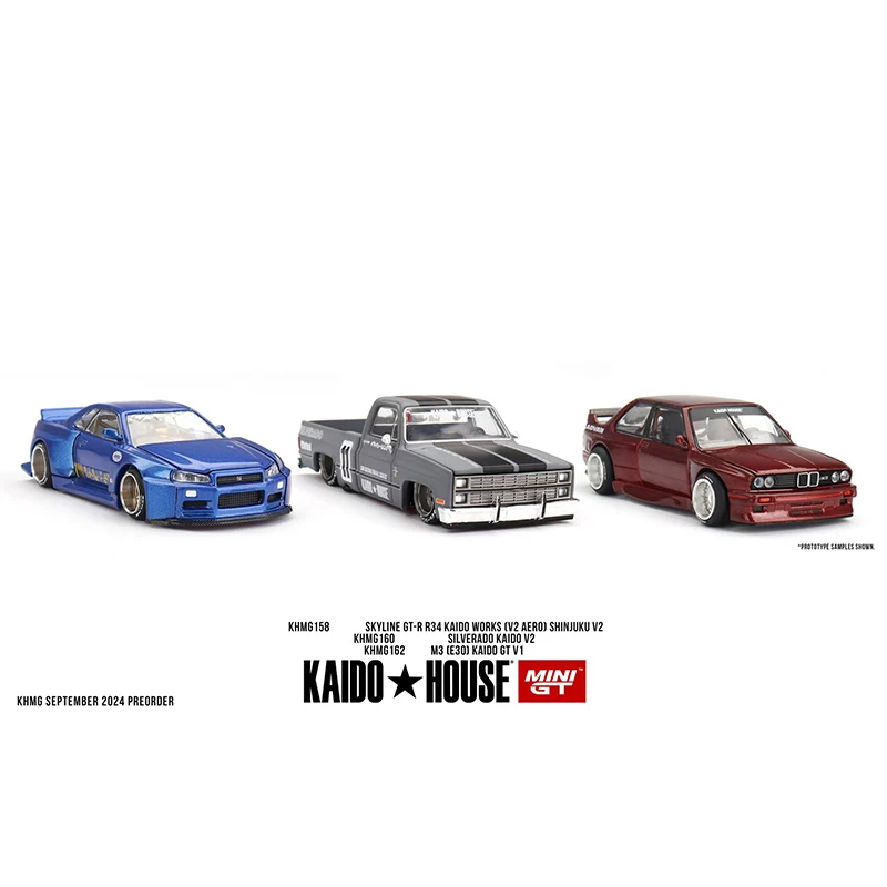 Kaido-MINIGT de Casa preventa, 1:64 M3 E30 GTR R34 Carbon 510 NSX CIVIC Wagon 240Z Silverado Diecast Car Model Toys, actualizaciones mensuales