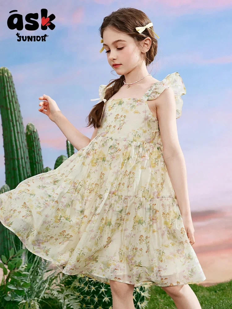 اسأل فستان صيفي للفتيات الصغيرات بحمالات زهرية وأكمام طائرة #4