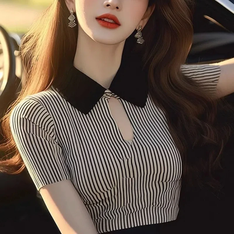 Summer Women's Clothing Turn-down Collar Hollow Out Pullover Striped Short Sleeve Contrast Color T-shirt Casual Fashion Tops