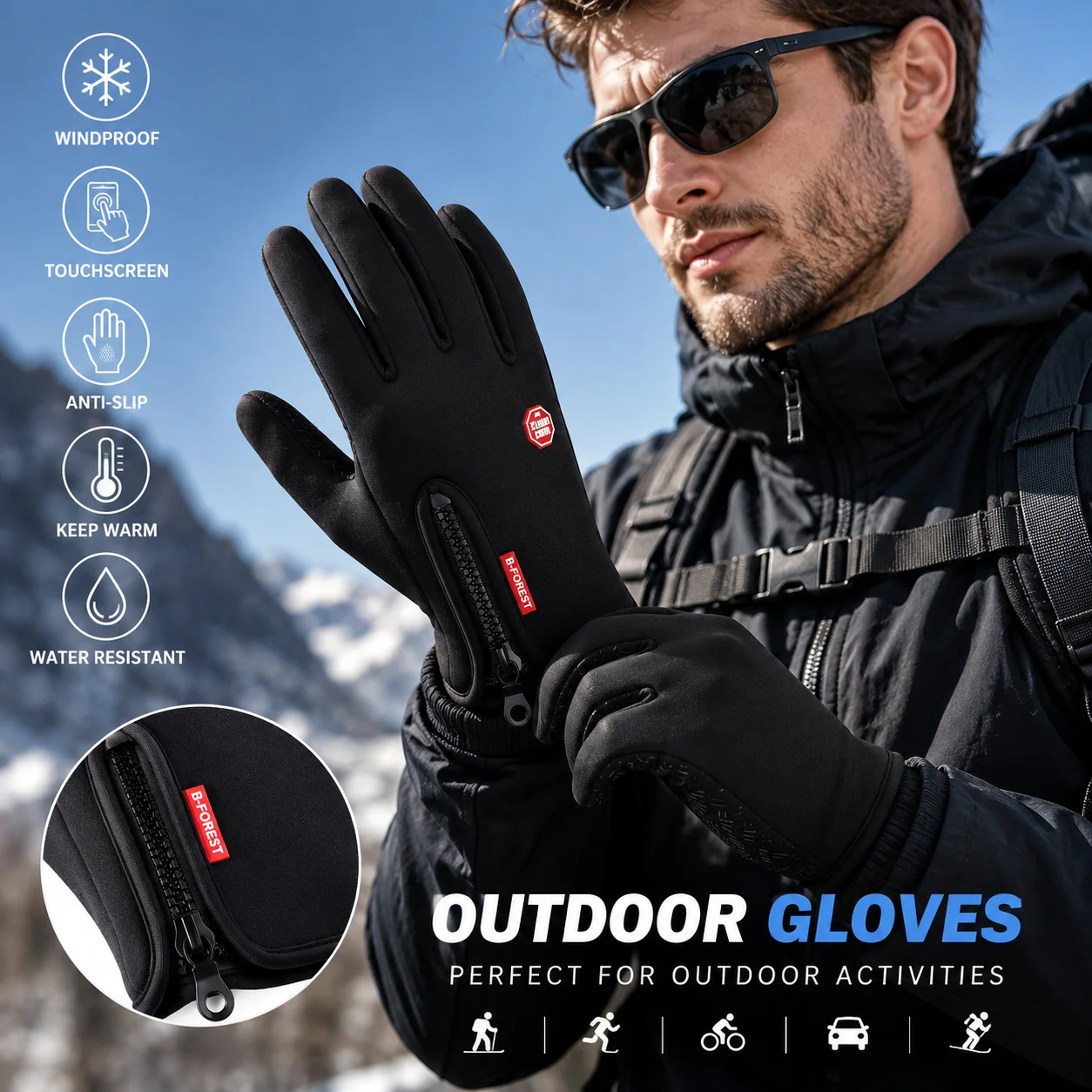 1Pair Winter Warm Gloves for Men Women, Touchscreen Windproof & Non-Slip Cycling Gloves with Zipper Ideal with Running Skiing
