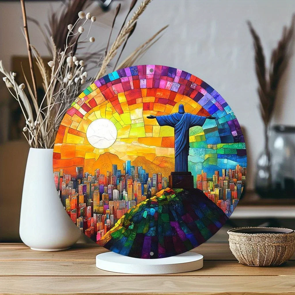 Vibrant Rio de Janeiro Christ the Redeemer Cityscape Metal Wall Art - 8-Inch Round Aluminum Print with Multicolor Mosaic Design,