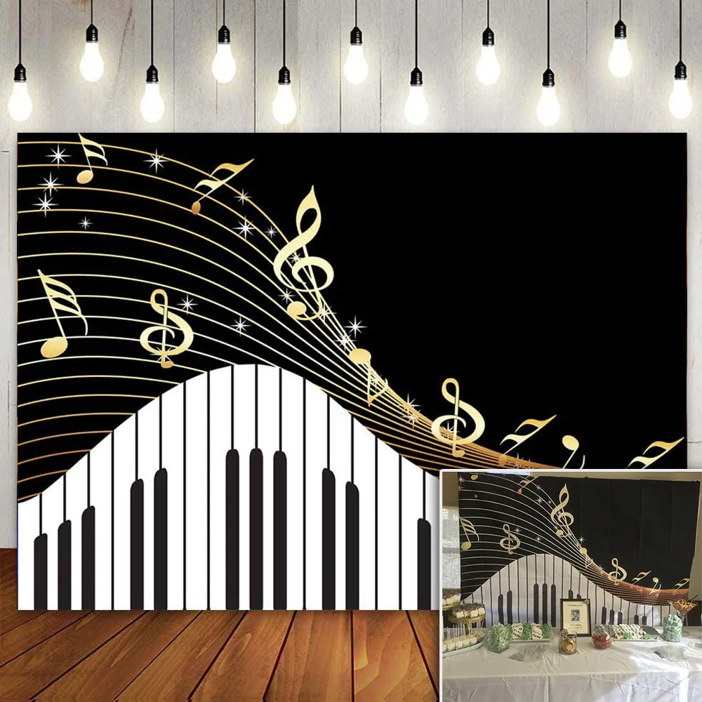 Piano Keyboard Backdrop Black White Golden Note Musical Concert Photography Background Poster Birthday Party Decoration Banner