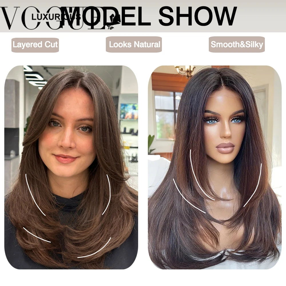 غلويليس الطبقات قطع البندق البني مستقيم شعر بشري لعذراء الباروكات مع شعري طبيعي سهل الارتداء قبل قطع الدانتيل شعر مستعار أمامي #4