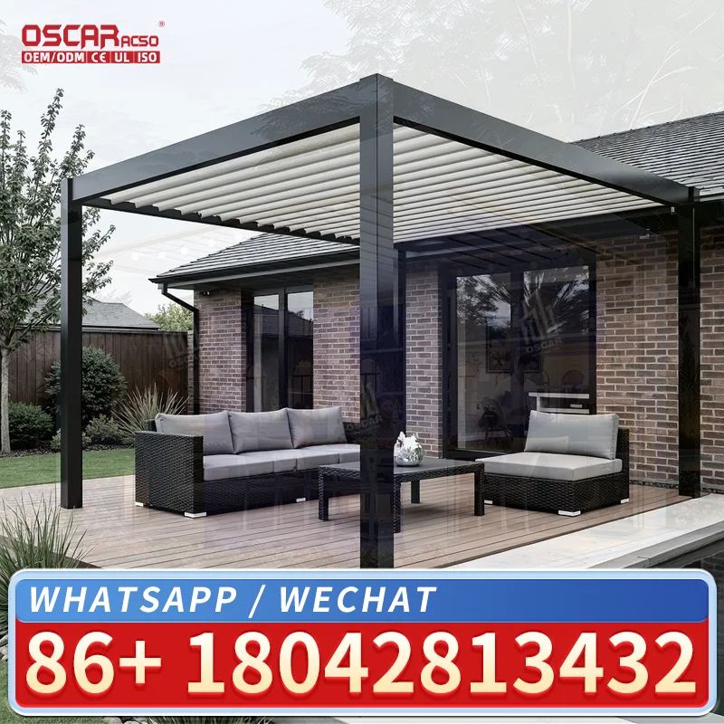 10 ft X 10 ft Aluminum Metal Brown Waterproof Retractable Motorized Louvered Bioclimatic Pergola for Patio Garden Backyard pergo