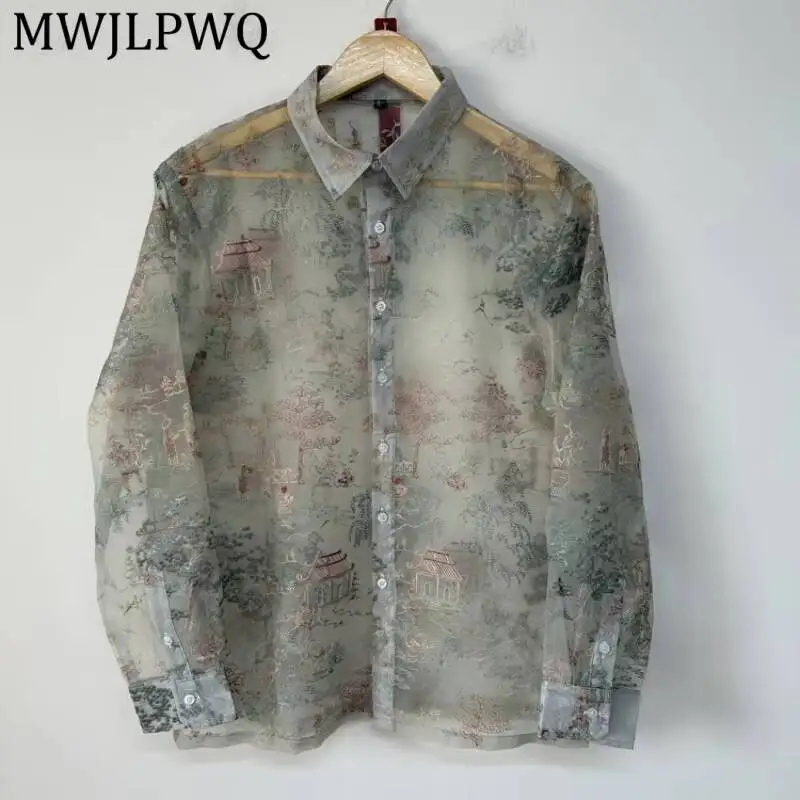 

MWJLPWQ Niched Thin Organza Shirt Chinese Antique Landscape Embroidery Lapel Button Long Sleeve Loose Casual Layering Top 16816