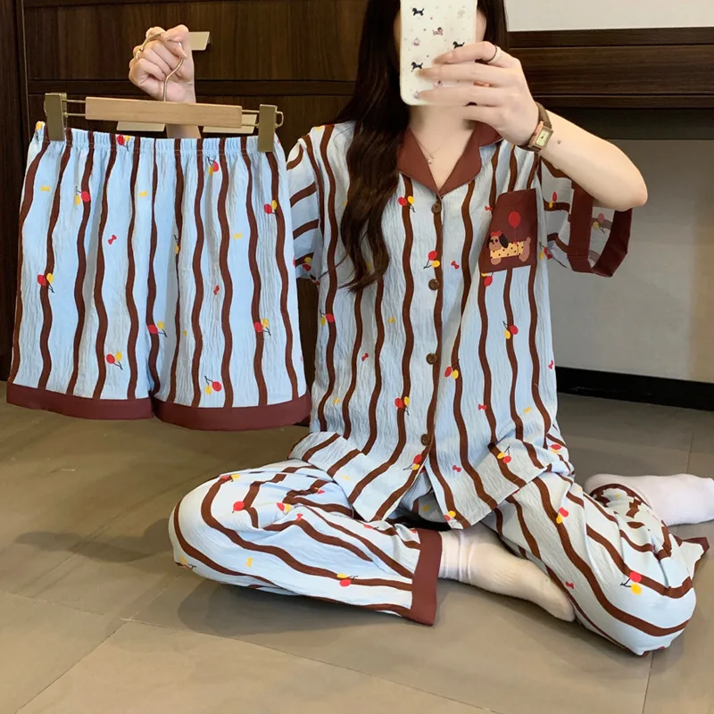 Multi-color Striped Pajama Set for Women, Summer Cloud Cotton Pajamas, Home Wear, Short-sleeved Three-piece Set