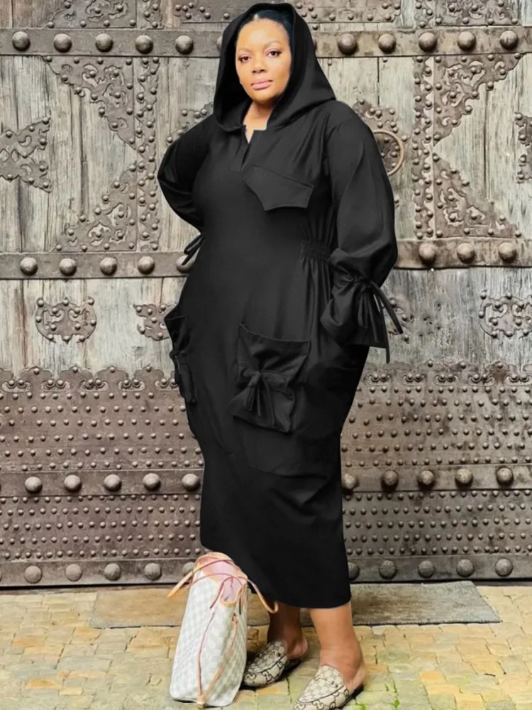 5XL 4XL Plus Size Clothes Dresses Women Ruffle Robes Summer Autumn Loose Street Style Casual Big Size Hooded Maxi Dress