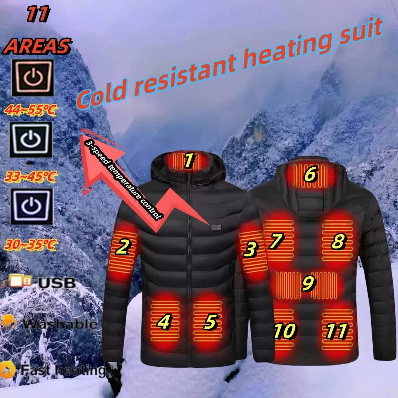 Dual Control 11 Zone Heating Jacket Winter Men's Outdoor Waterproof USB Intelligent Heating Ski Top Men's and Women's Parka Coat