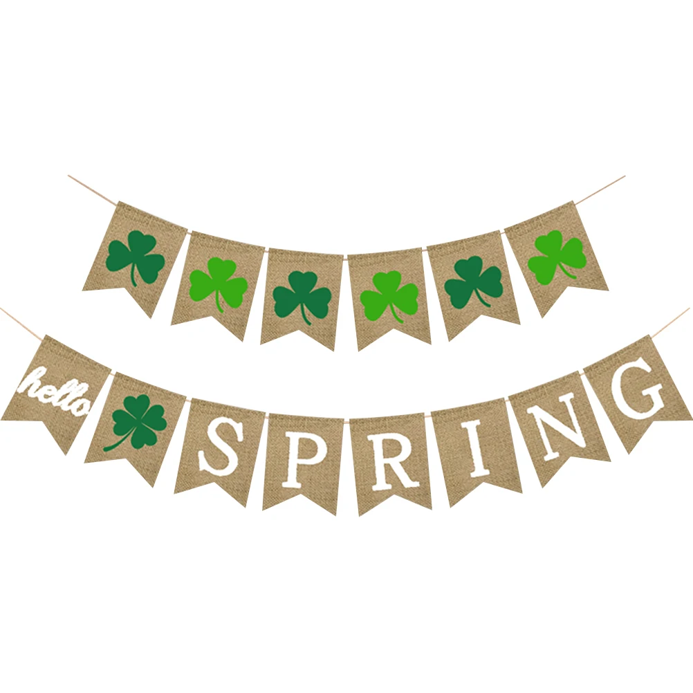 

2 pcs Four-Leaf Clover Bunting St. Patrick'S Day Burlap Banner Shamrock Garland Wall Tree Branch Hanging Decoration Party Flags