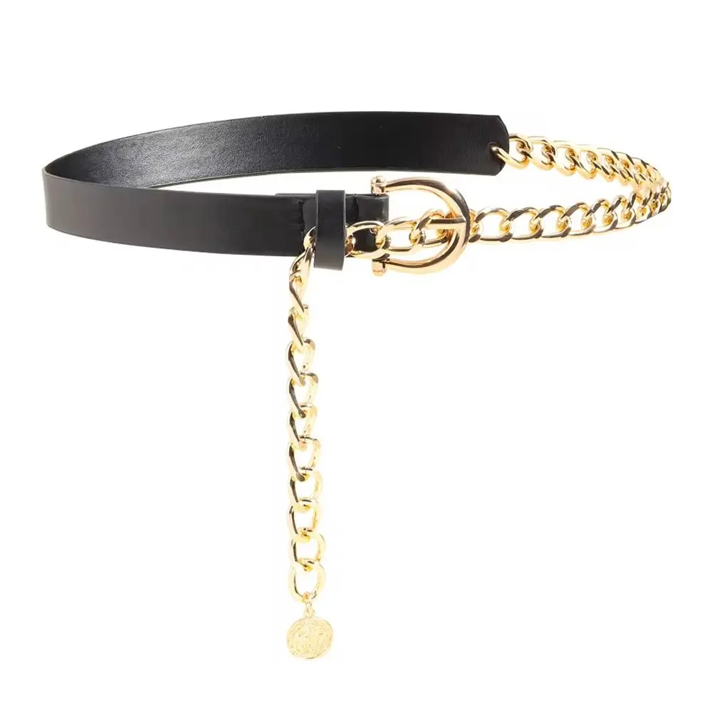 

Fashion Metal Buckle PU Leather Belt Chain Slim Side Adjustable Thin Waist Belt Korean Style Suit Matching Dress Chain Jeans