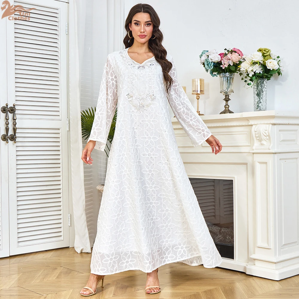 

Uni Dubai Saudi Beaded Sequin V-Neck Elegant Abaya Muslim Women Maxi Dress Eid Ramadan Kaftan