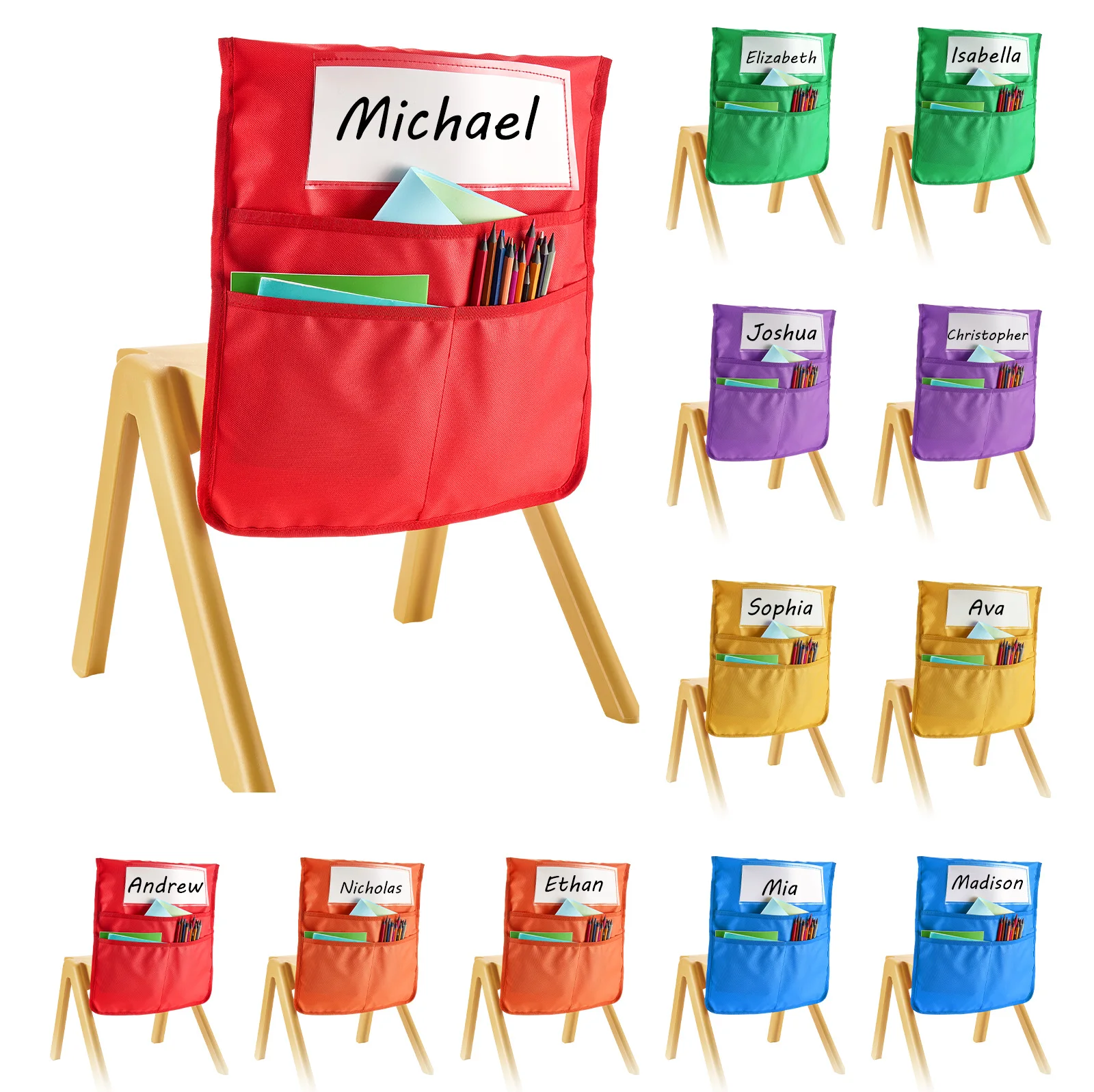 

SucceBuy 12/24PCS Chair Pockets Classroom Chairback Buddy Pocket with Name Tag 6 Bright Colors for Kids in Kindergarten School
