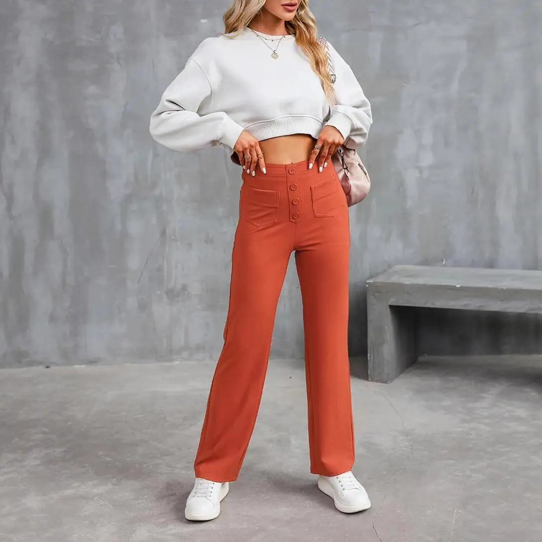 High Waisted Button Multiple Pockets Straight Leg Casual Trousers Women's mid Waist Pants Fashionable Basic Style