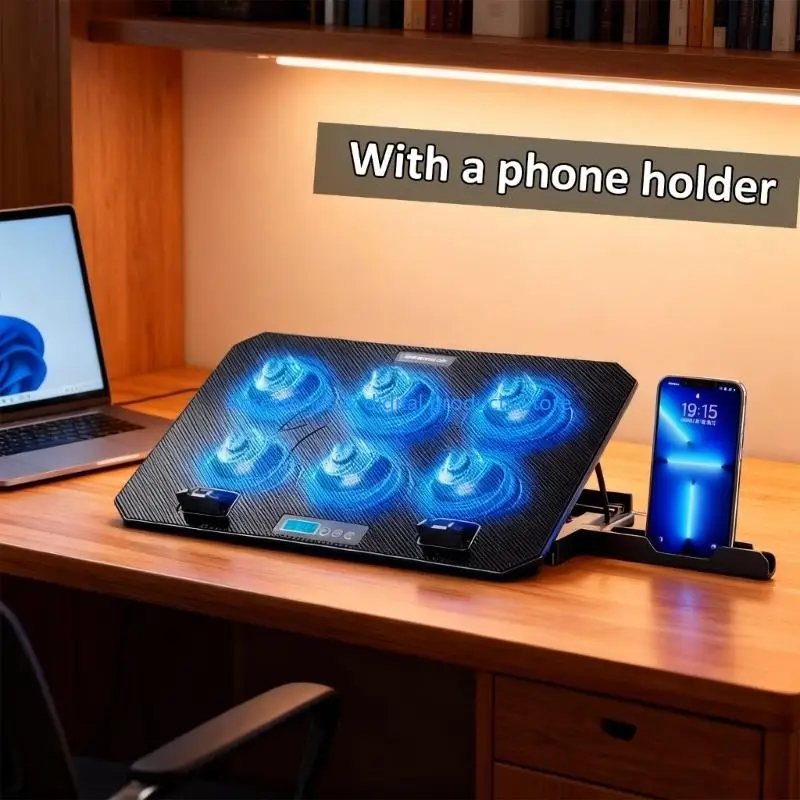 77JD LED Gaming Laptop Cooling Pad Laptop Cooling Stand External Fan Height Adjustable Stand with 2 USB Port Phone Holder