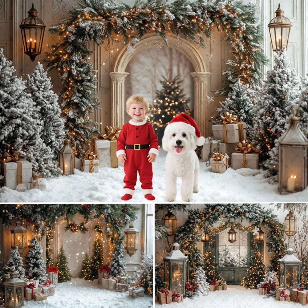 

﻿Merry Christmas Arch Door Photography Background Xmas Tree Gift Chic Wall Interior Decor Family Party Kid Portrait Backdrop