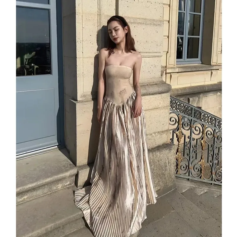 Romantic Atmosphere Stitching Pleated Tube Top Dress Female Sense Graceful Skirt