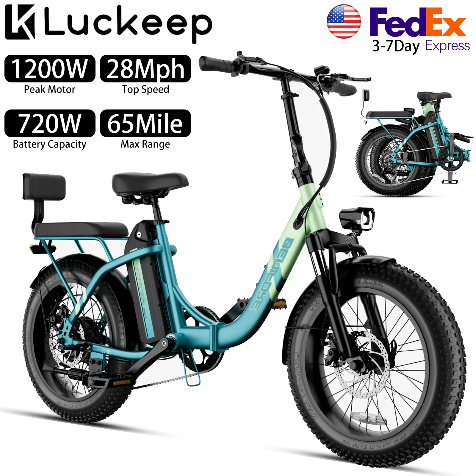 

Luckeep C23 складной электрический велосипед 20 x 3 дюйма, 1200 Вт, 720 Втч, верхняя часть 28 миль в час, макс. 65 миль, максимальная нагрузка 265 фунтов, с задним сиденьем мини-дивана, новый