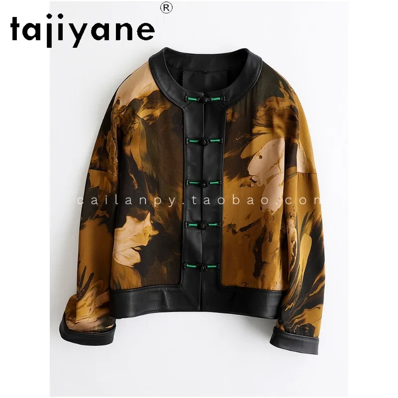 TAJIYANE Genuine Leather Jacket Woman Xiangyunsha Spliced Sheepskin Outerwear Retro Frog Button Leather Coat Printed Jackets New