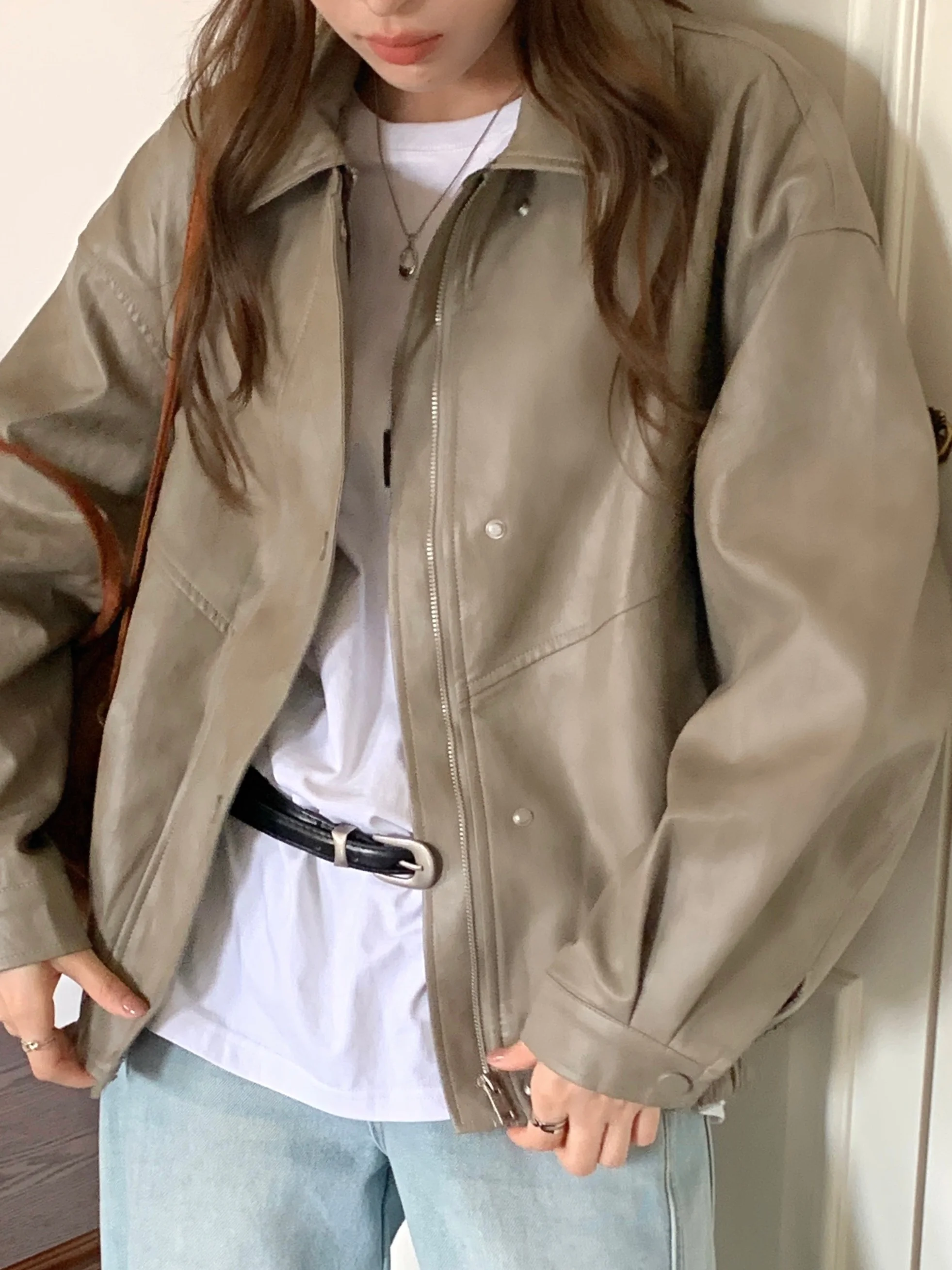 Cappotto con colletto ampio da donna Jaet in pelle PU dal tocco retrò Trendy Bubble Sve Capispalla con chiusura a cerniera di lunghezza regolare