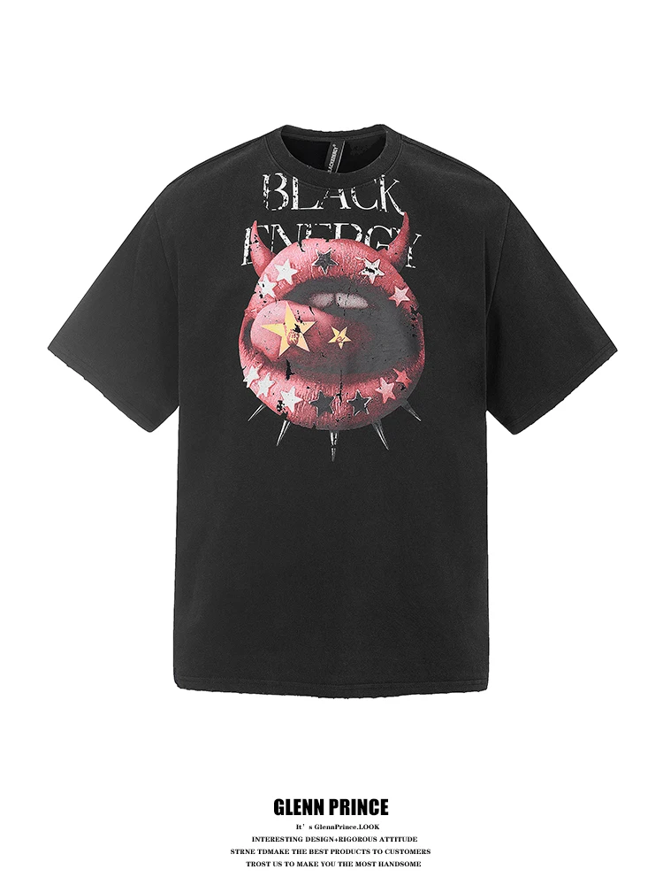 

Washed Cotton Rock Punk Tongue Print T-Shirt Men's Summer Casual Loose Fit Short Sleeve Fashionable Youth Brand Vibe Tee