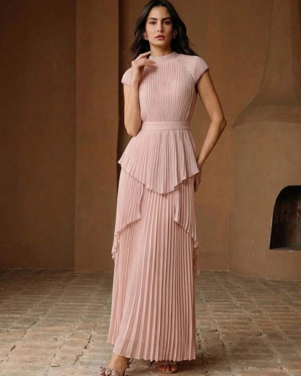 Customized Simple Women Chiffon Ruched Pleat Straight Evening Dress Formal O-Neck Short Sleeves Ankle Length Dresses Party Gowns
