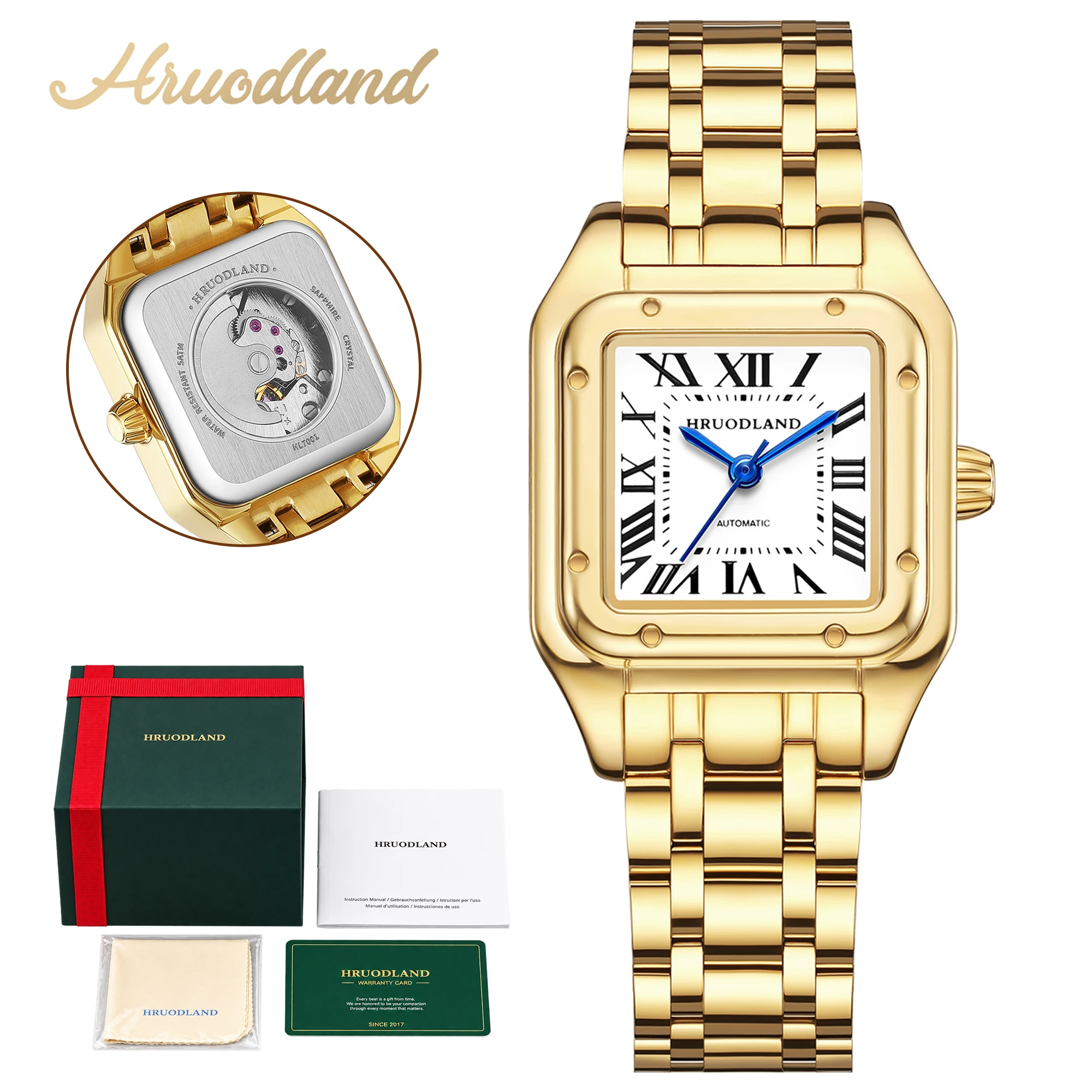 HRUODLAND Luxury Gold Small Square Ladies Watch 26mm Automatic Mechanical Roman Numeral Sapphire Crystal Stainless Steel Gift