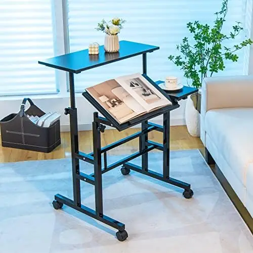 

Mobile Standing Desk Stand Up Desk, Height Adjustable Home Office Desk with Standing & Seating 2 Modes, Tilting Tabletop &am