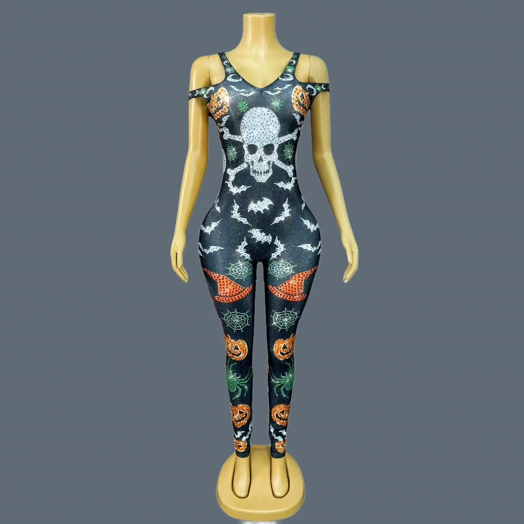

Halloween Dress-up Skull Pumpkin Printing Bodycon Jumpsuit Festival Event Party Outfit Drag Queen Performer Sexy Wear Xiaonangua