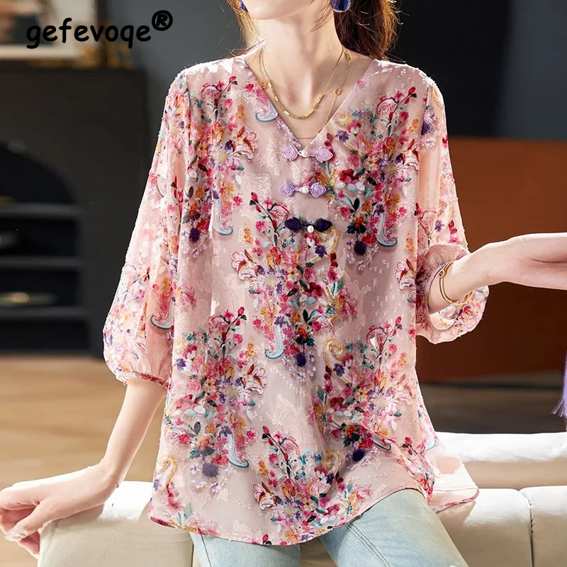 Summer V-neck Elegant Fashion Printing 3/4 Sleeve Shirt Ladies Loose Casual All-match Pullover Top Women Sweet Oversized Blouse