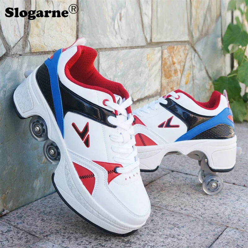 

Kids Leather Roller Skates Shoes Girls Unisex Skate Shoes 4 Wheels Roller Boys Inline Skates Deformation Parkour Casual Sneakers