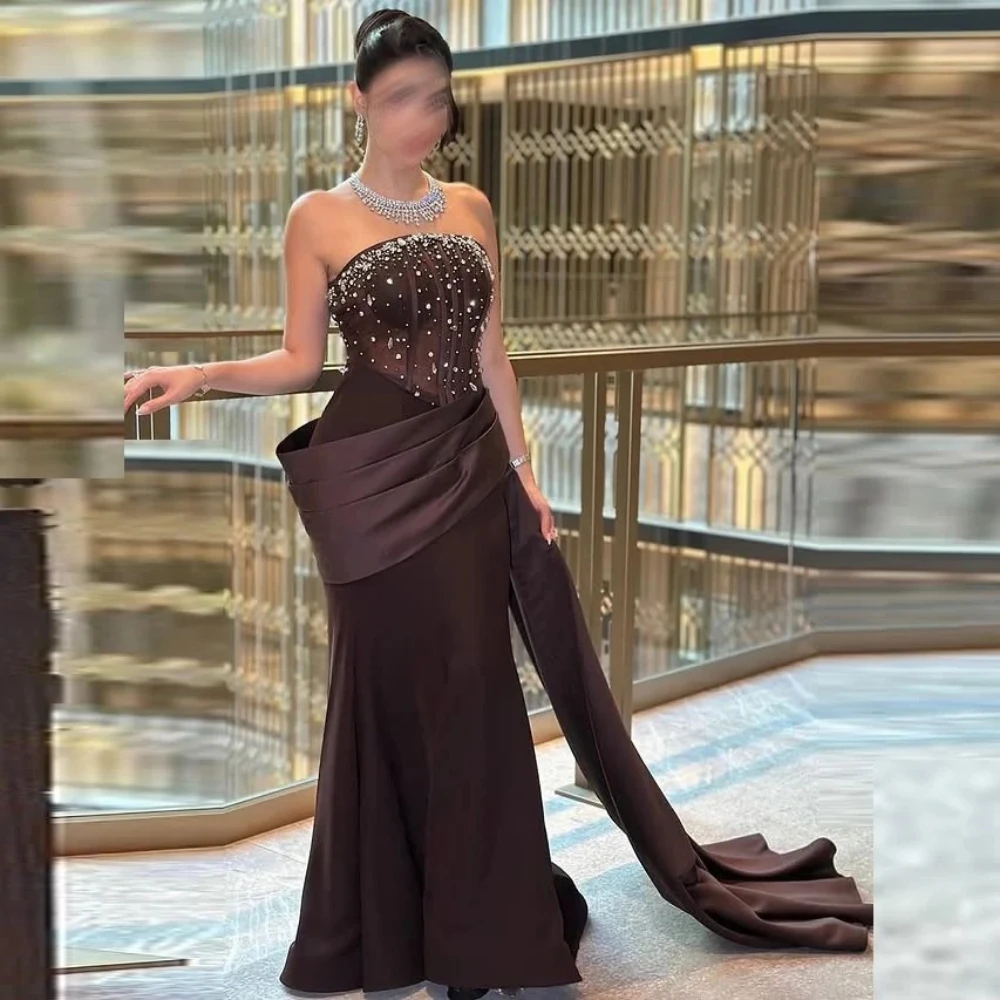 

Elegant Brown Evening Dress Customized Shining Crystal Strapless Ruched Satin Mermaid Floor Length Formal Party Dresses