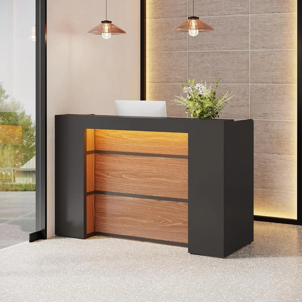 Reception Desk with LED Lights, 63 Inches Store Shop Clinic Office (Black&Brown)