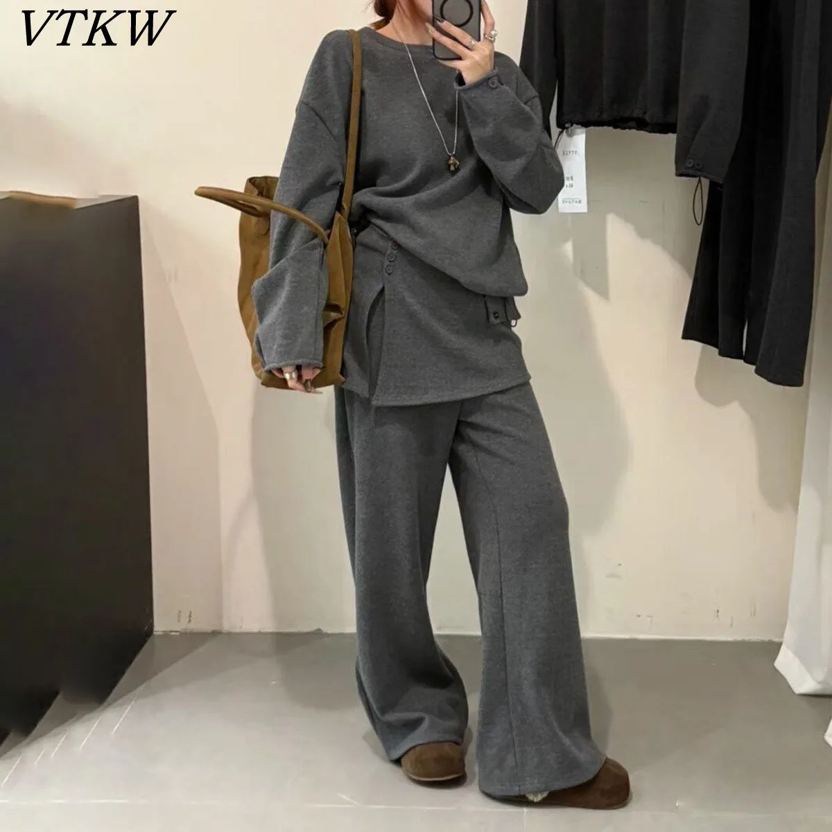 

VTKW Women’s Thickened Elegant 2PC Set Round Neck Sweatshirt Wide Pants with Drape Office 2025 Fall Winter Fashion Minimalist