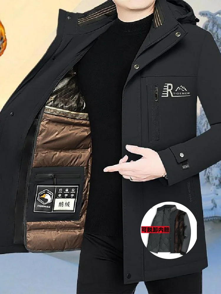 

Утепленная зимняя мужская куртка-пуховик средней длины с отстегивающейся внутренней подкладкой, из белого гусиного пуха, теплая и комфортная верхняя одежда