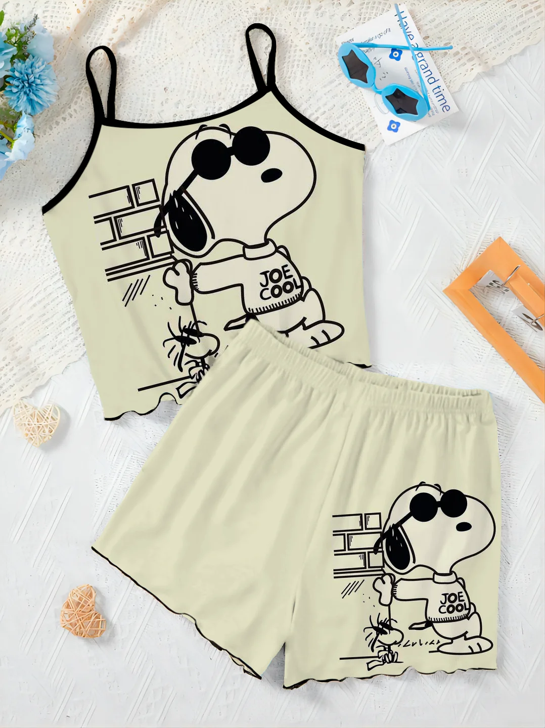 Disney Slip Dress Krótkie zestawy dla kobiet 2-częściowy zestaw dwuczęściowy Snoopy Damski garnitur T-shirt Top Elegancki dół Disney Home Dress