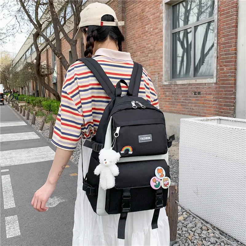 Cute Badge Women Backpack Harajuku Fashion Female Student Girls School Bag Large Capacity Light Travel Knapsack